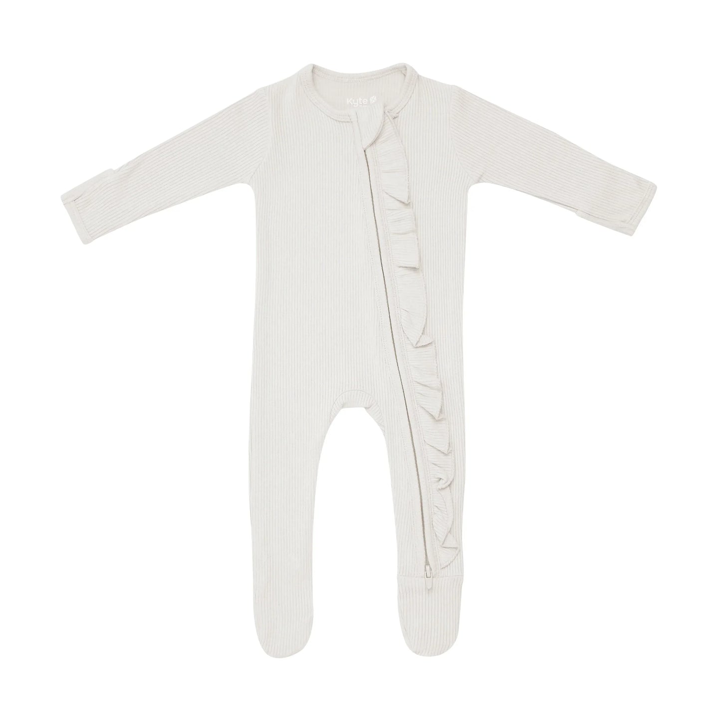 Ribbed Ruffle Zipper Footie in Oat