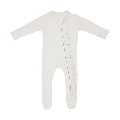 Ribbed Ruffle Zipper Footie in Oat