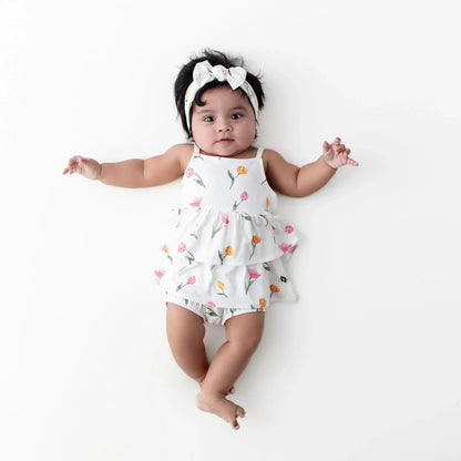 Spaghetti Strap Ruffle Romper in Tulip