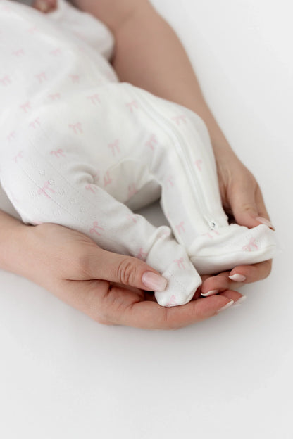 Pointelle Zippered Footie in Sweet Pink Bow