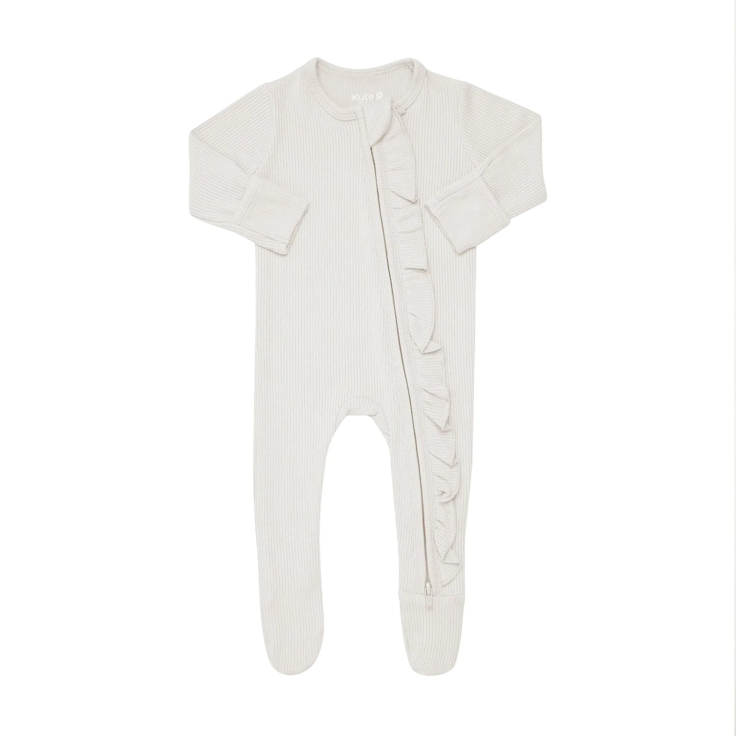 Ribbed Ruffle Zipper Footie in Oat