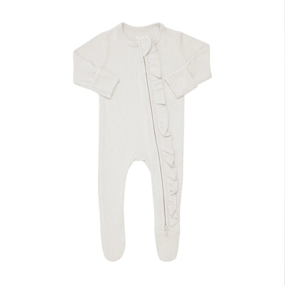 Ribbed Ruffle Zipper Footie in Oat