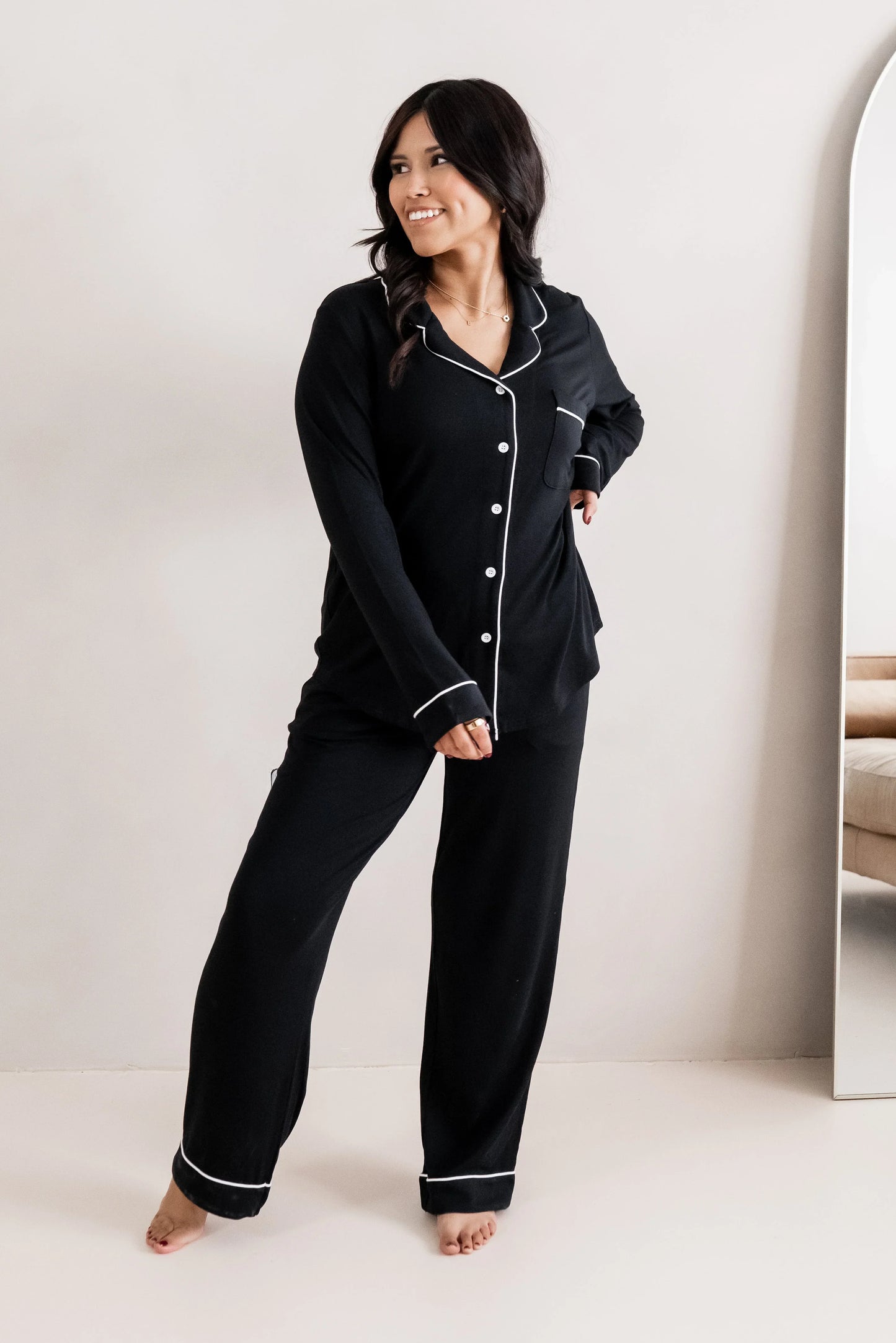 Long-Sleeved Women's Pajama Set in Midnight with Cloud Trim